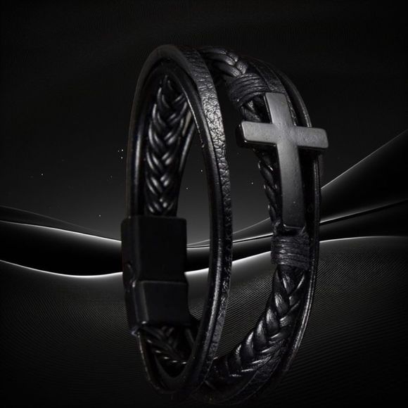 Men’s Leather Cross Bracelet l 3-Strand l Magnetic Closure l New - Picture 1 of 6